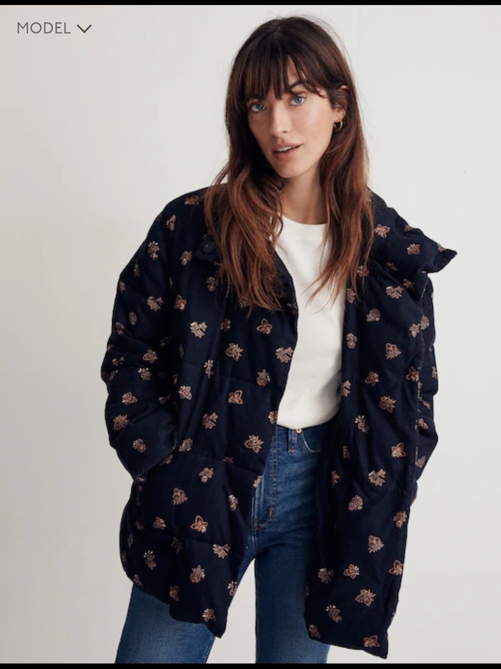 Madewell Navy Quilted Floral Puffer Jacket
